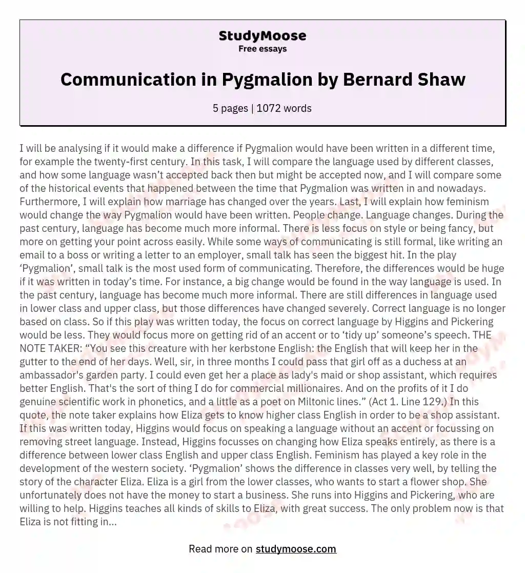 Communication in Pygmalion by Bernard Shaw essay
