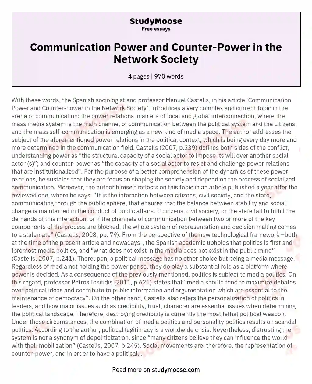 Communication Power and Counter-Power in the Network Society essay