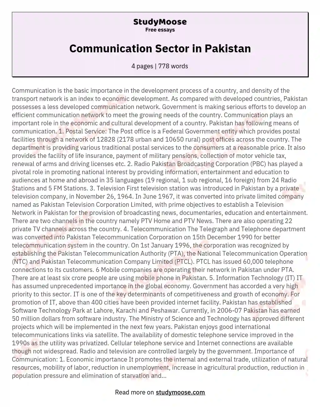 Communication Sector in Pakistan essay