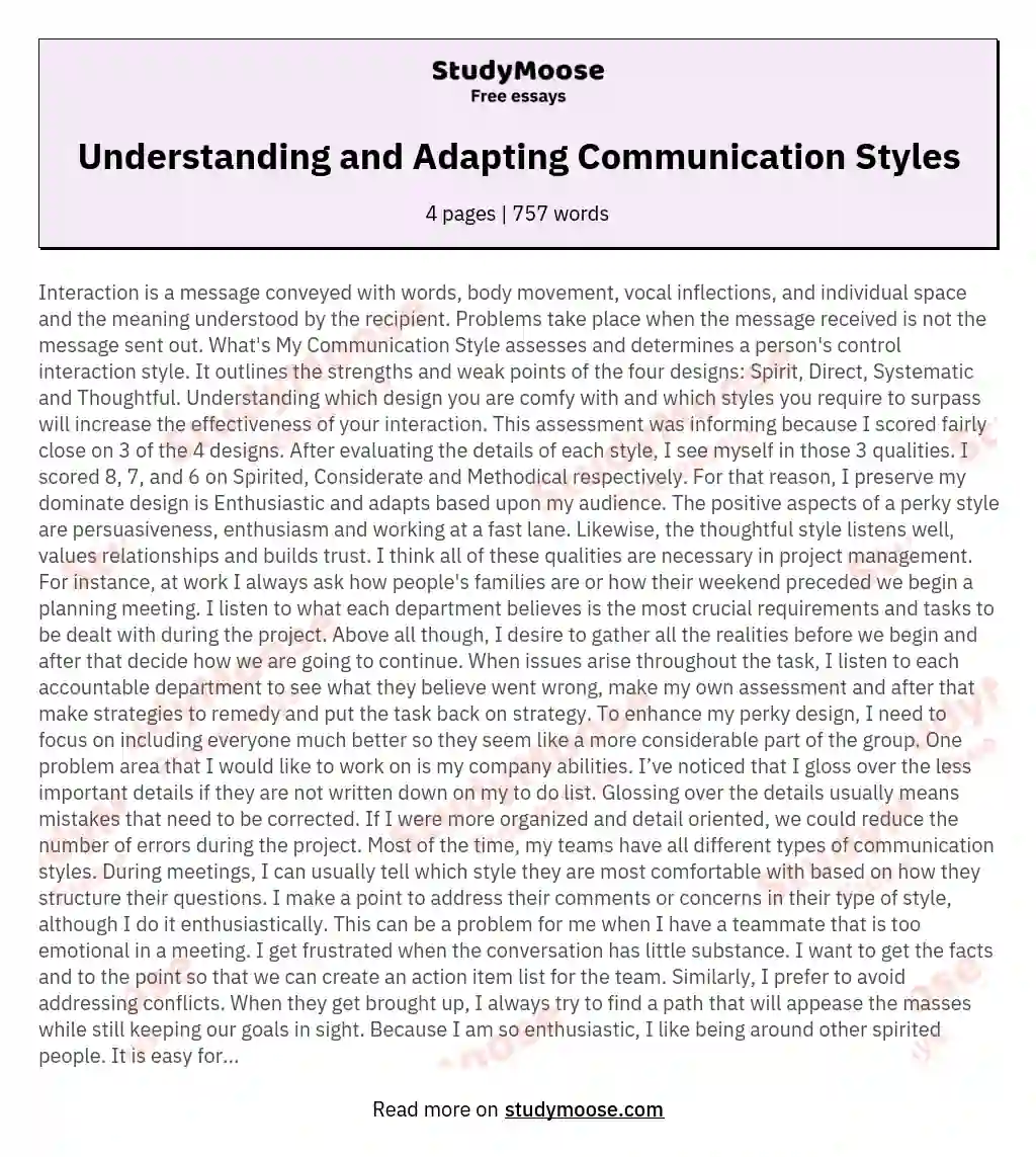 Understanding and Adapting Communication Styles essay