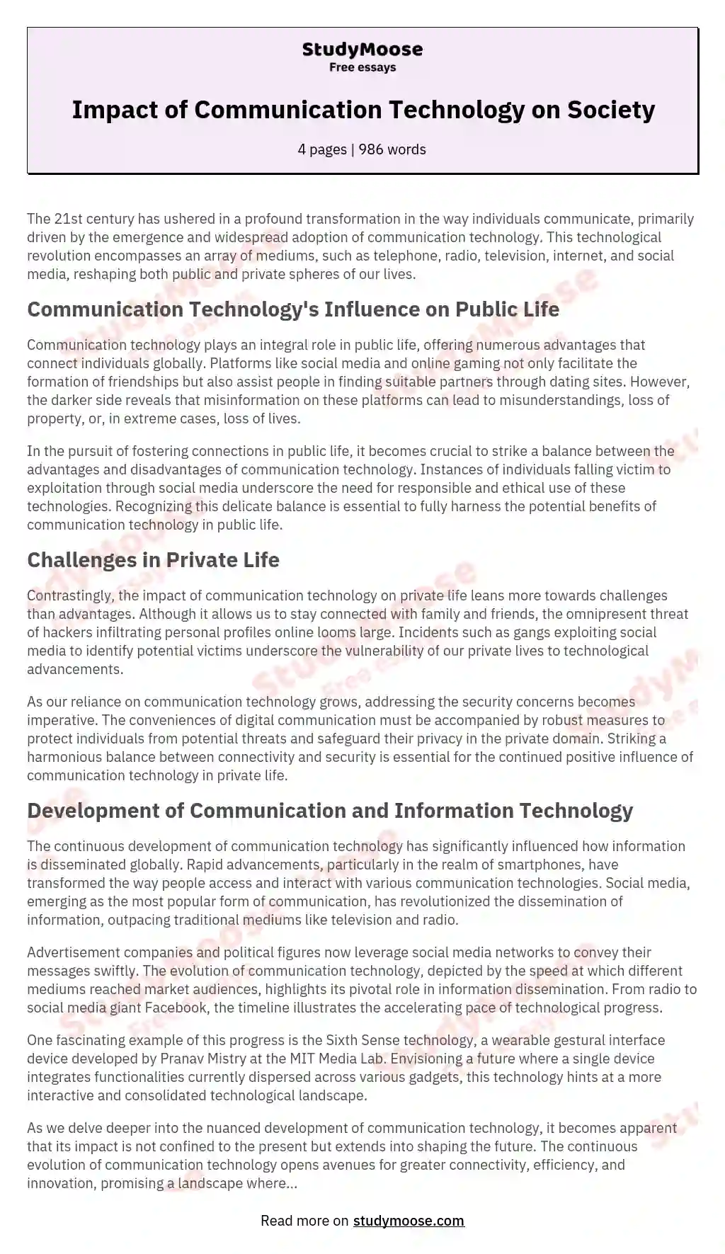 Impact of Communication Technology on Society essay