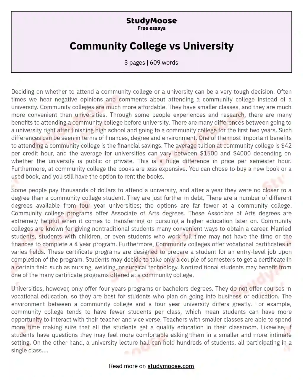 essay on community college vs university