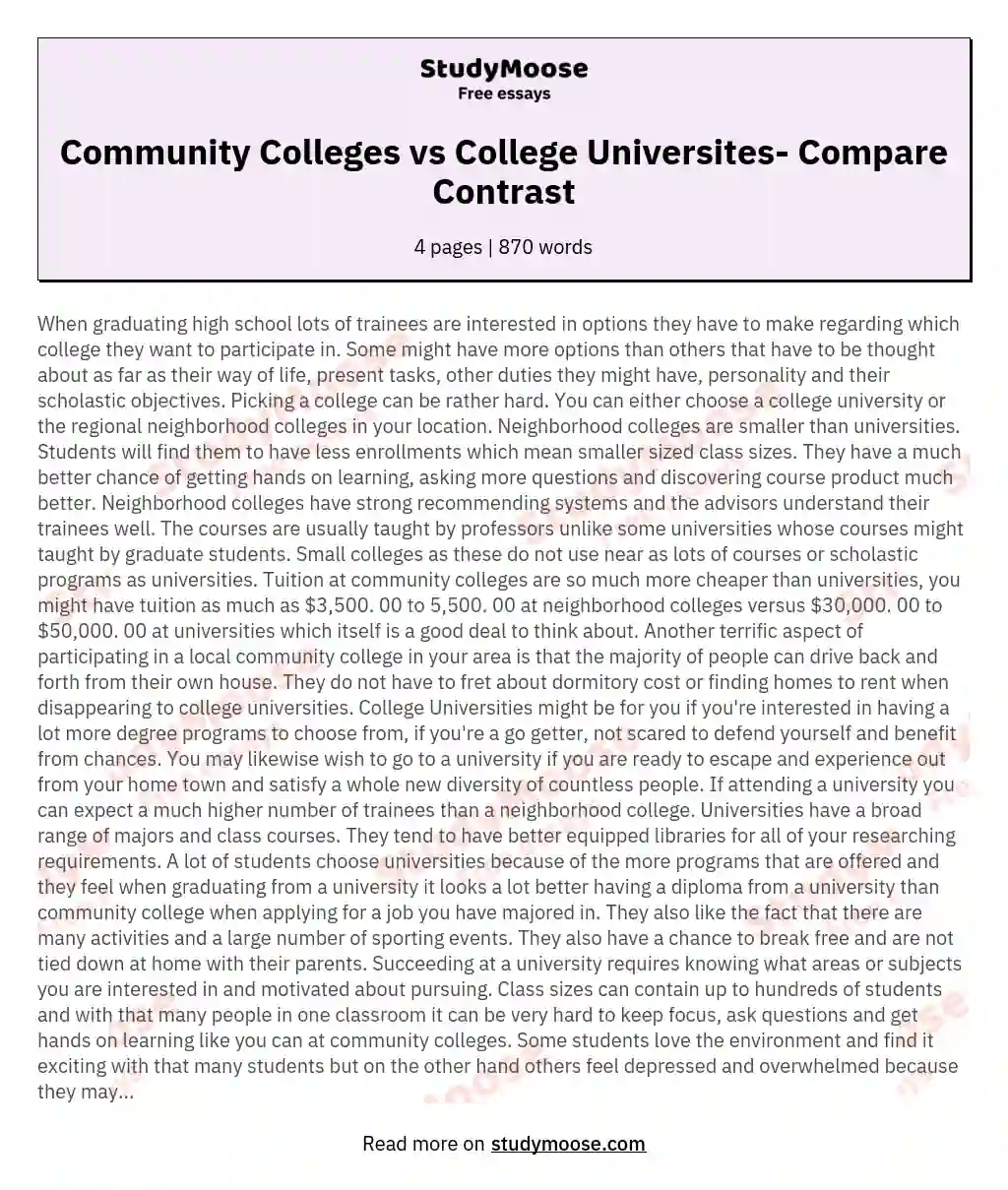 Community Colleges vs College Universites- Compare Contrast essay