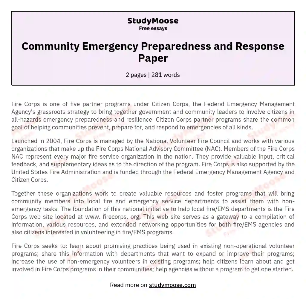 Community Emergency Preparedness and Response Paper