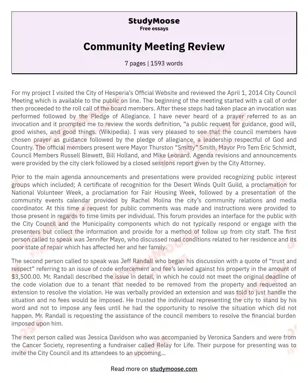 Community Meeting Review essay