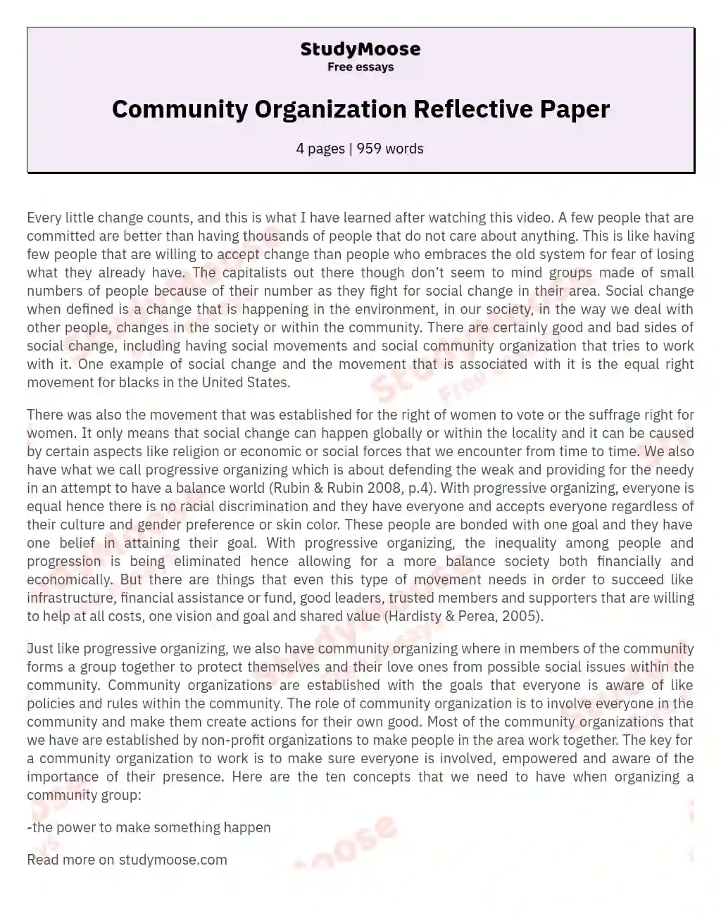 Community Organization Reflective Paper essay