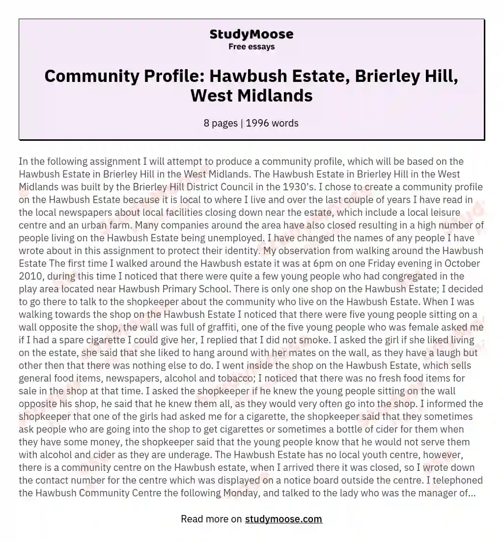 Community Profile: Hawbush Estate, Brierley Hill, West Midlands essay