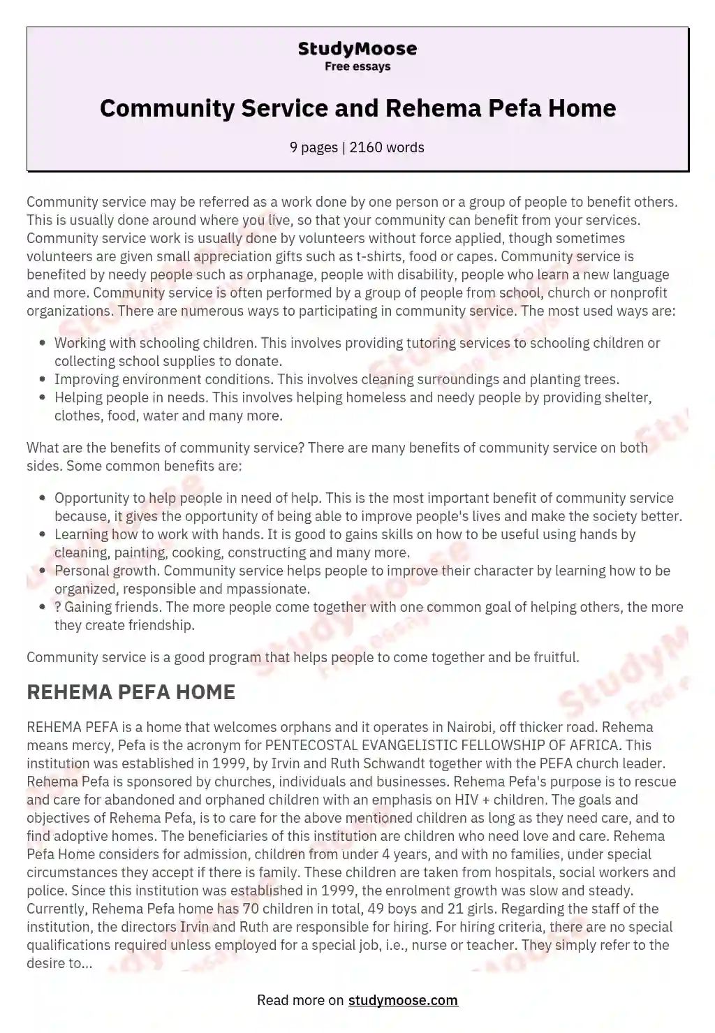 Community Service and Rehema Pefa Home essay