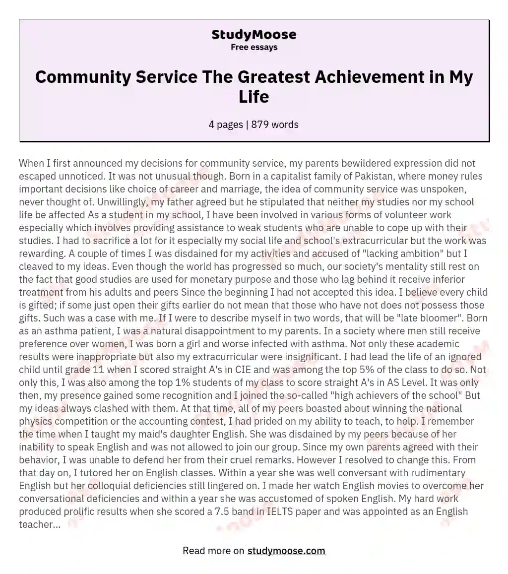 Community Service The Greatest Achievement in My Life essay