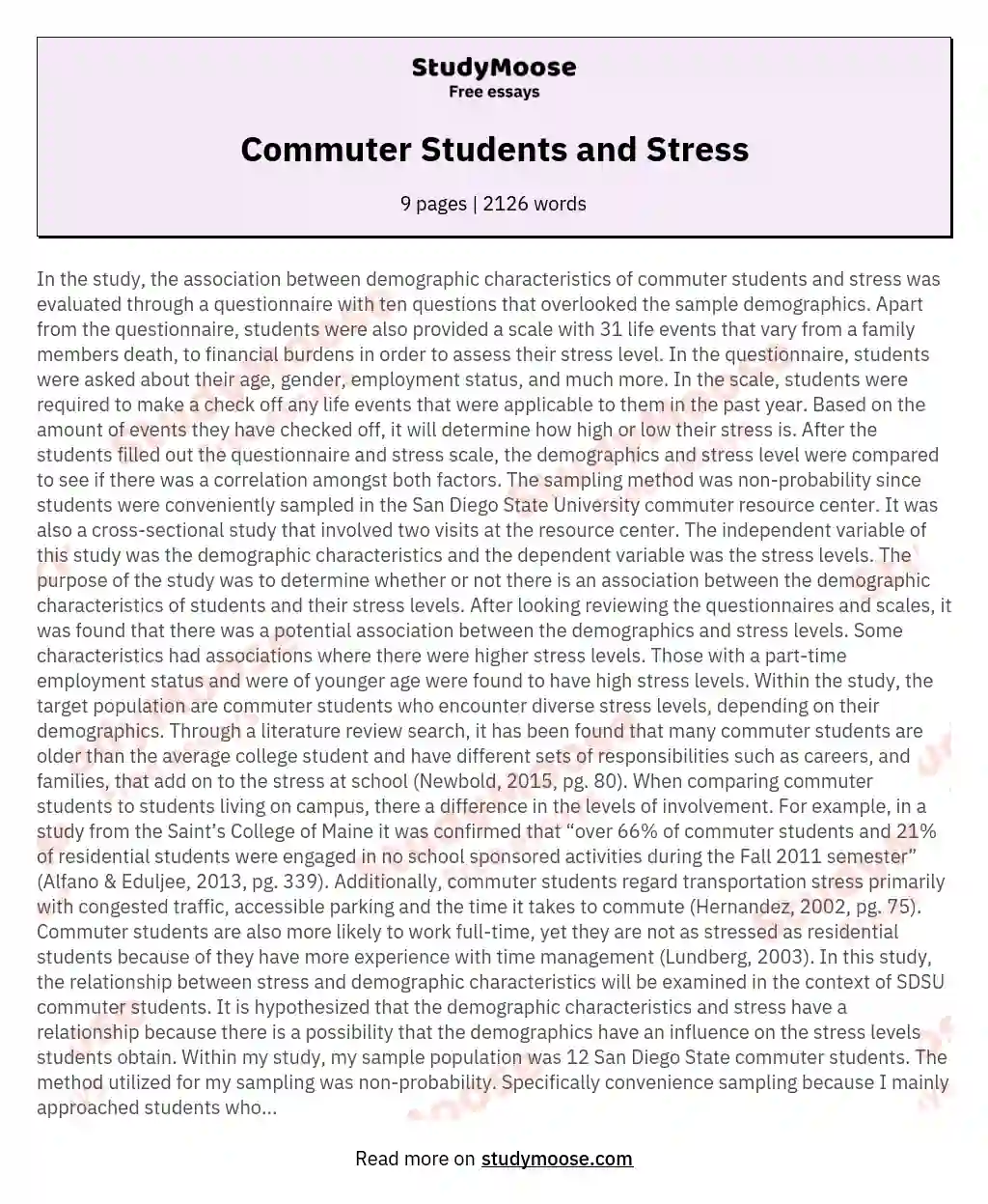 Commuter Students and Stress essay