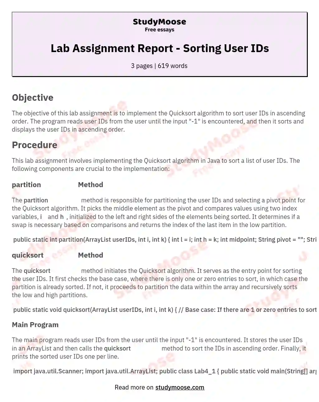 Lab Assignment Report - Sorting User IDs essay