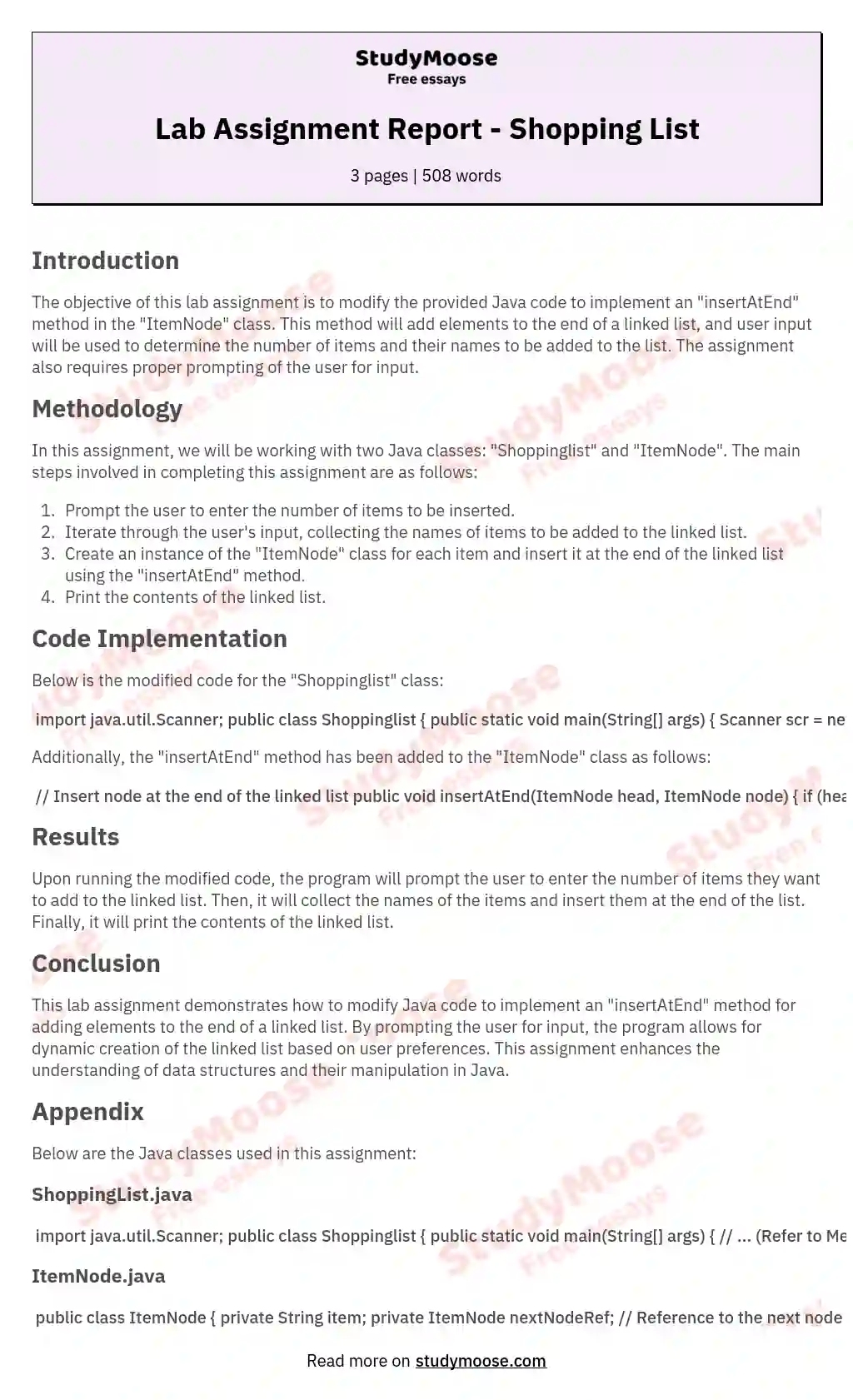 Lab Assignment Report - Shopping List essay