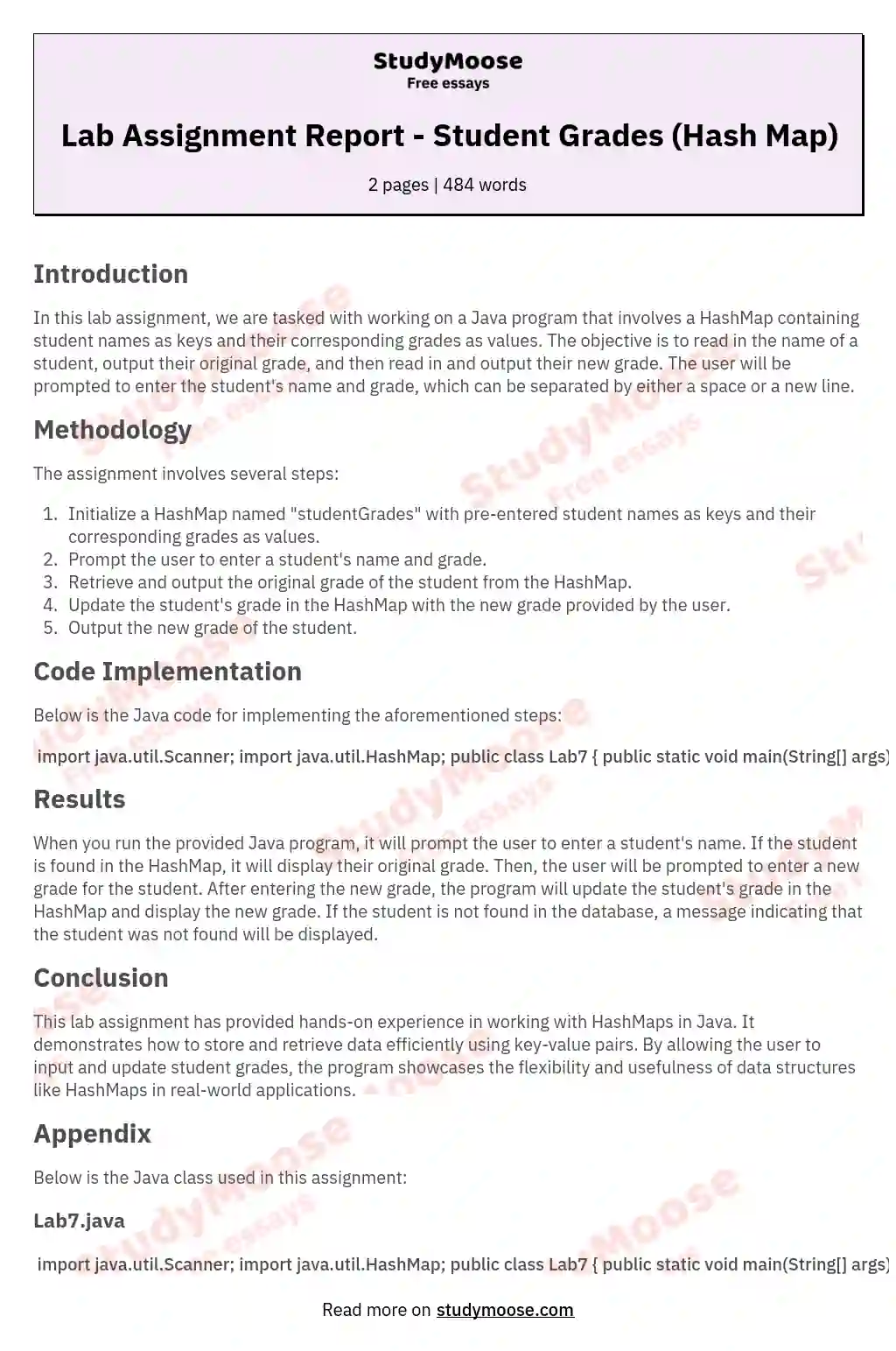 Lab Assignment Report - Student Grades (Hash Map) essay