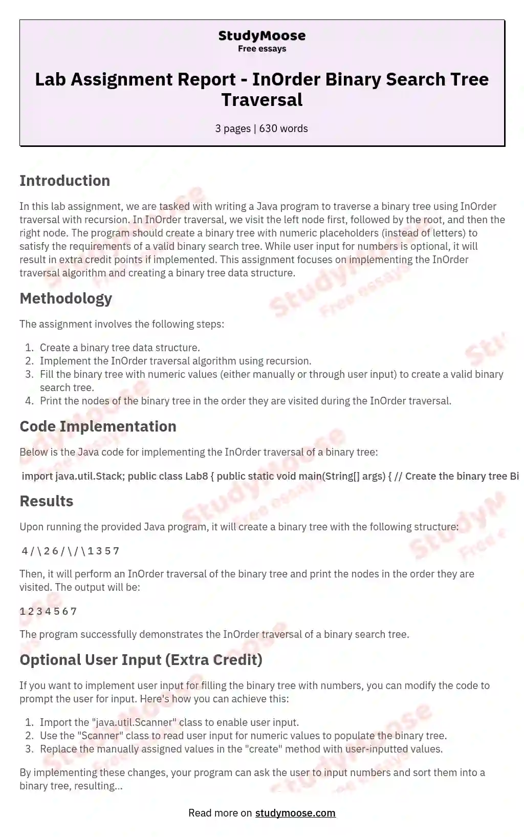 Lab Assignment Report - InOrder Binary Search Tree Traversal essay