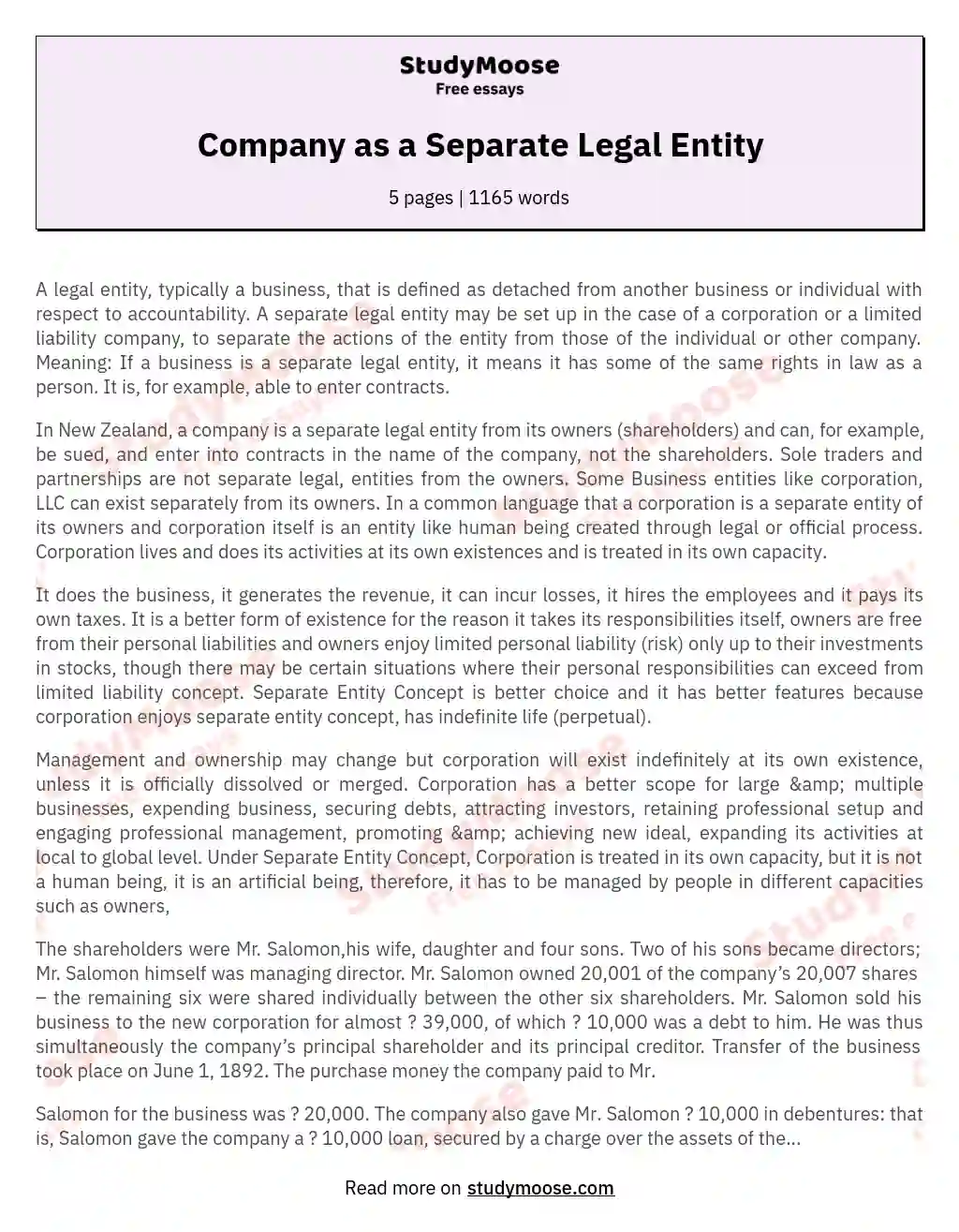 Company as a Separate Legal Entity essay