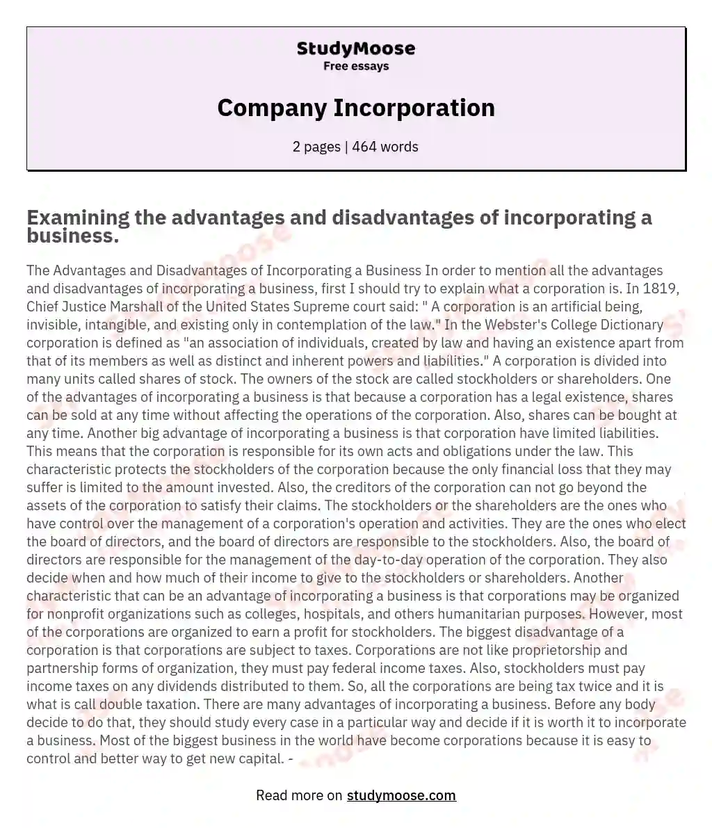 Company Incorporation essay
