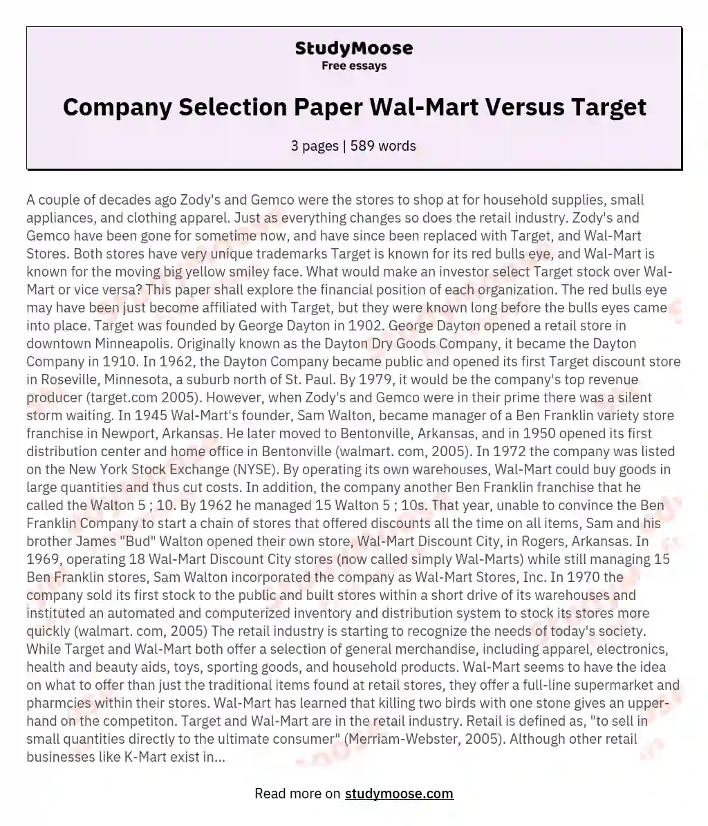 Company Selection Paper Wal-Mart Versus Target essay