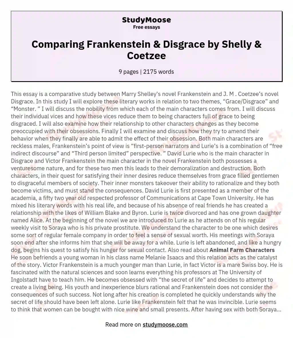 Comparing Frankenstein & Disgrace by Shelly & Coetzee essay
