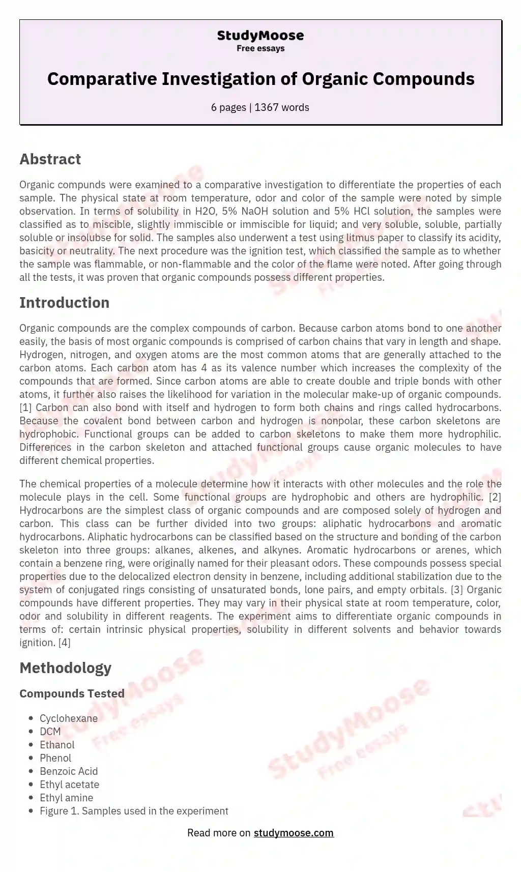 Comparative Investigation of Organic Compounds essay