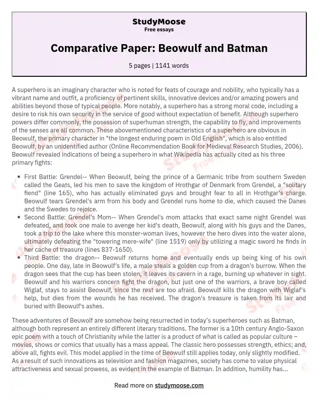Comparative Paper: Beowulf and Batman essay