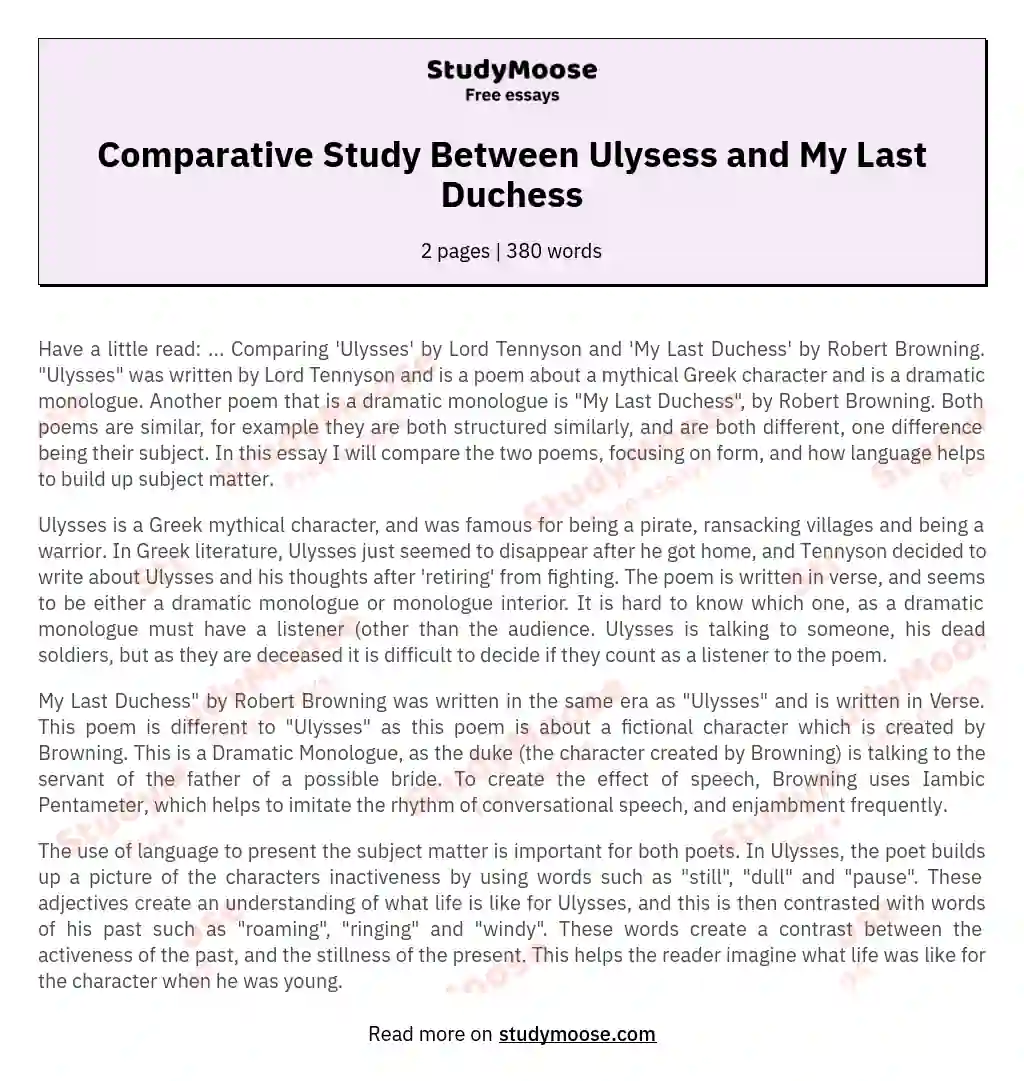 Comparative Study Between Ulysess and My Last Duchess essay