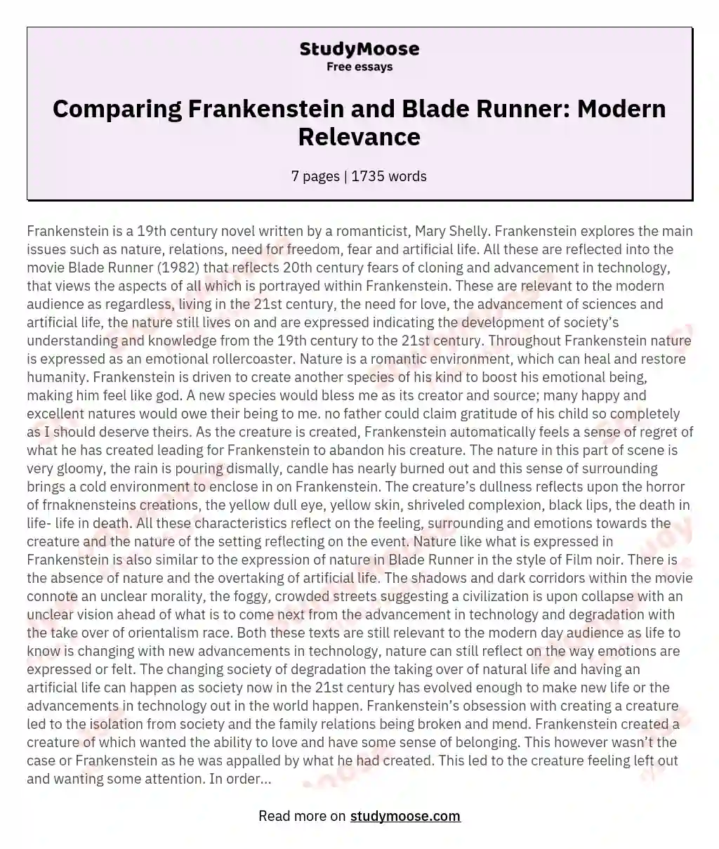 How Does Comparative Study of Frankenstein and Blade Runner Make the Issues Raised in Frankenstein Relevant to Modern Audience?