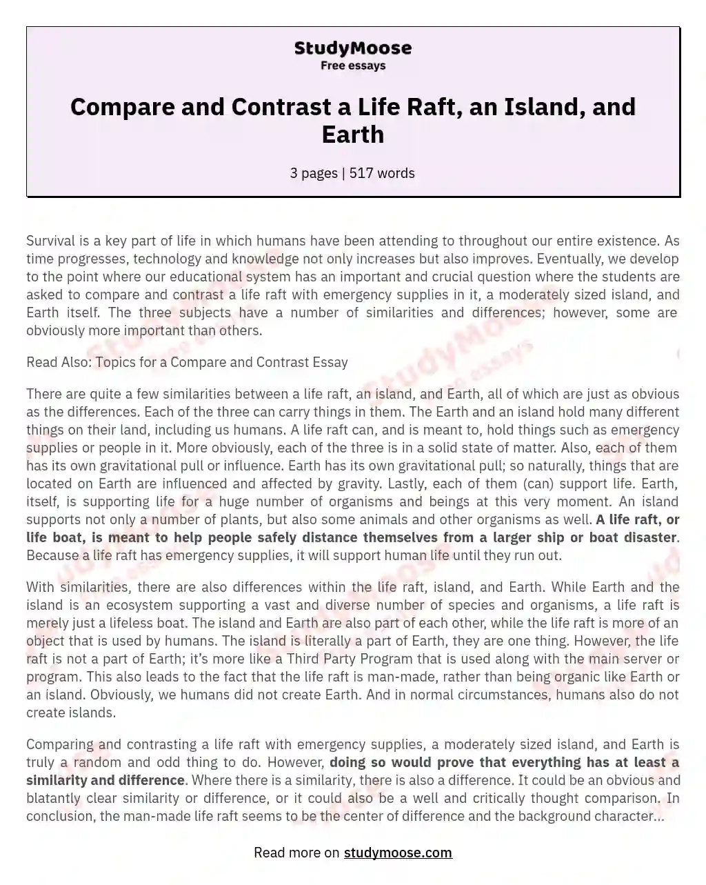 Compare and Contrast a Life Raft, an Island, and Earth