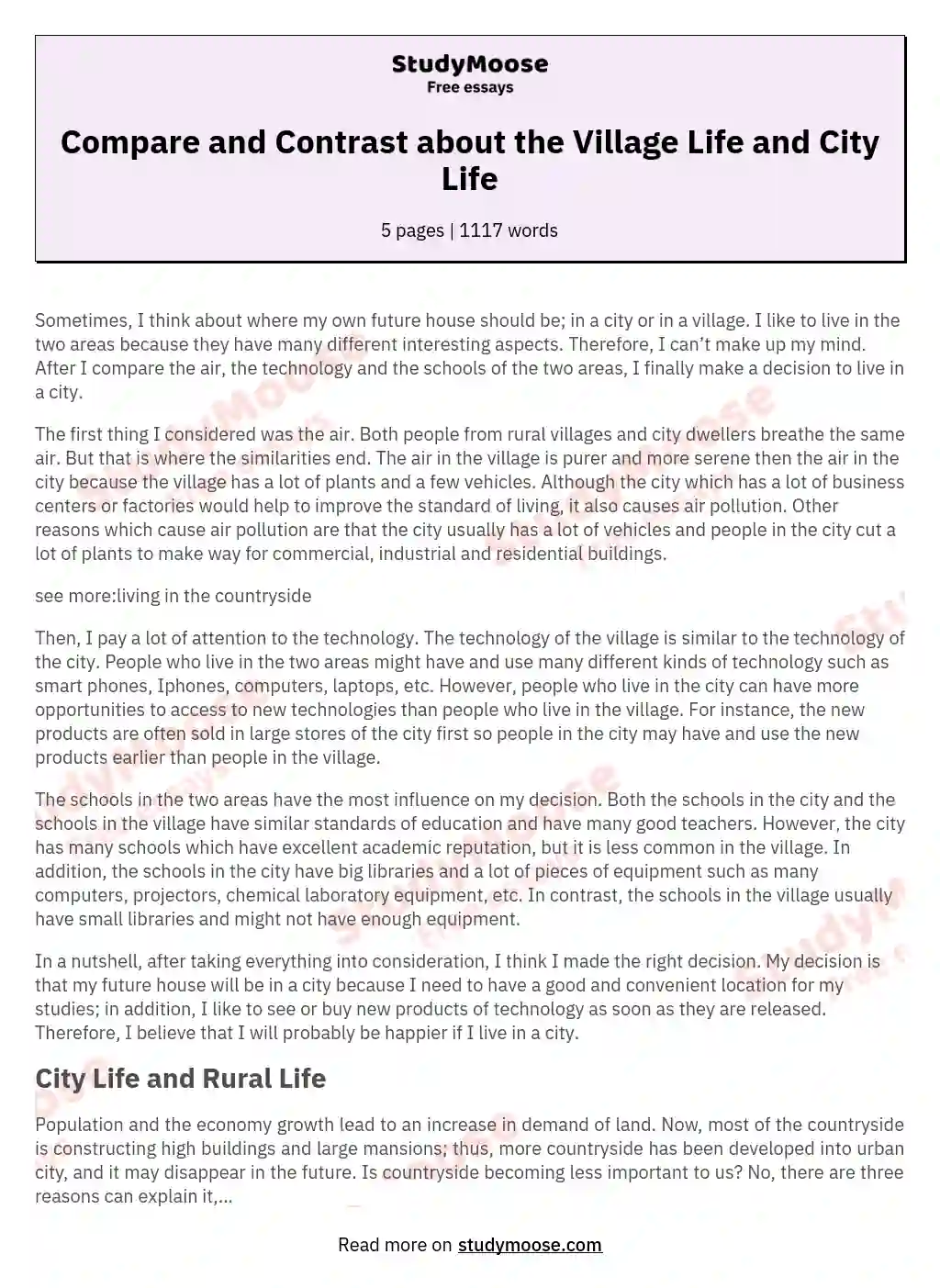 Compare and Contrast about the Village Life and City Life essay