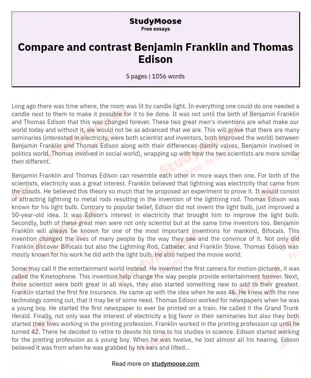 Compare and contrast Benjamin Franklin and Thomas Edison essay