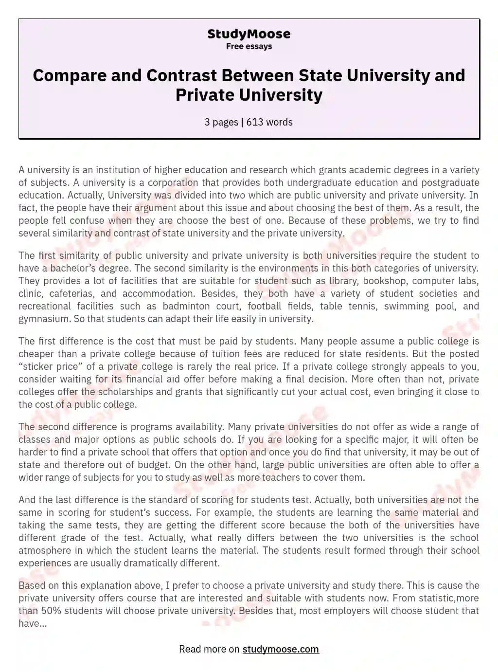 Compare and Contrast Between State University and Private University essay