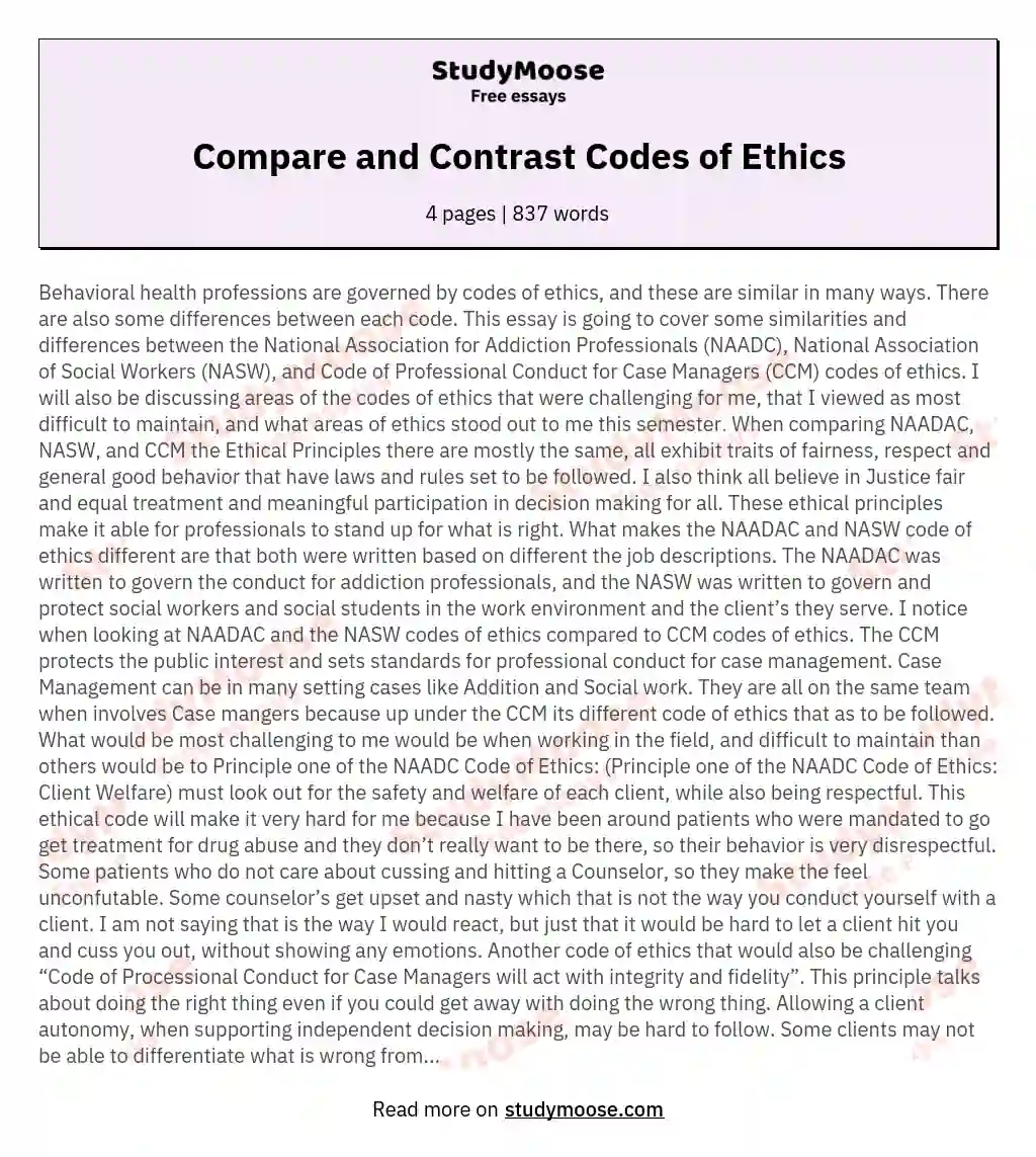 Compare and Contrast Codes of Ethics essay
