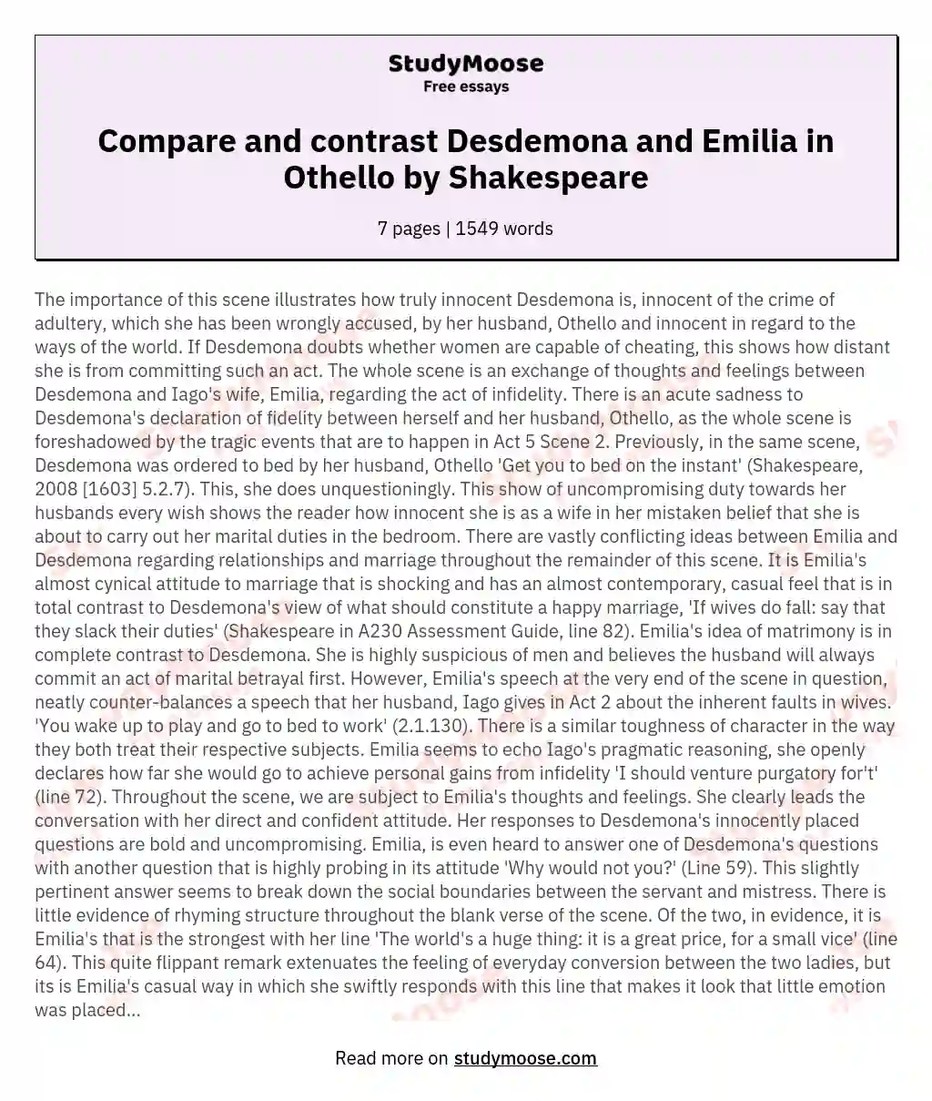 Compare and contrast Desdemona and Emilia in Othello by Shakespeare essay