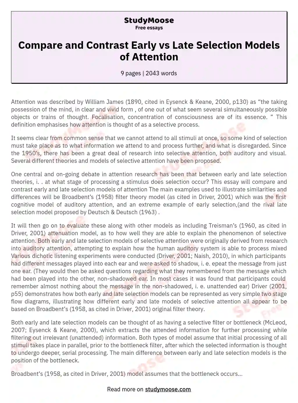 Compare and Contrast Early vs Late Selection Models of Attention essay