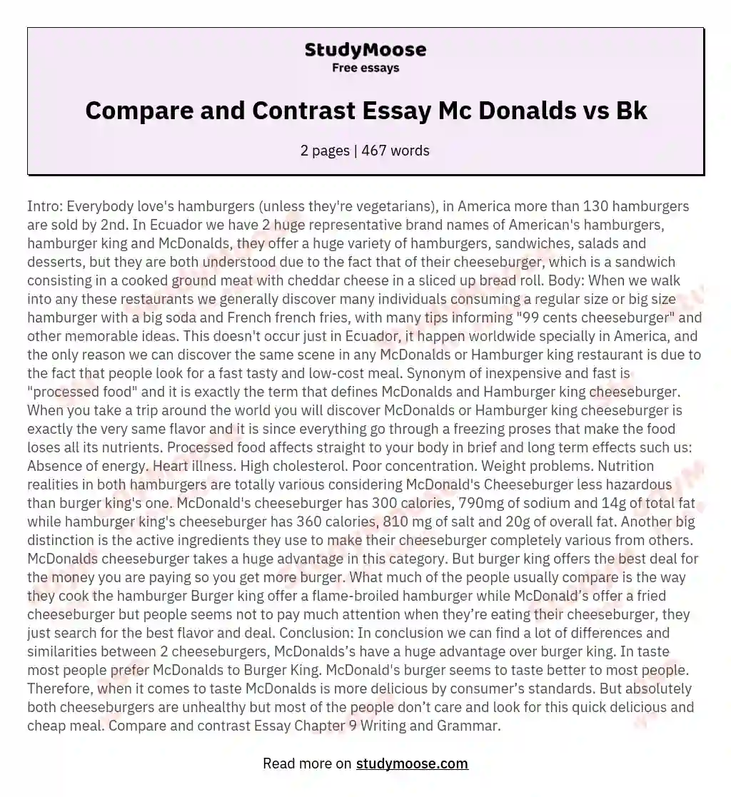 Compare and Contrast Essay Mc Donalds vs Bk essay