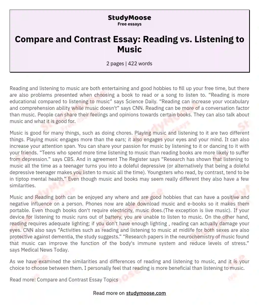 Compare and Contrast Essay: Reading vs. Listening to Music
