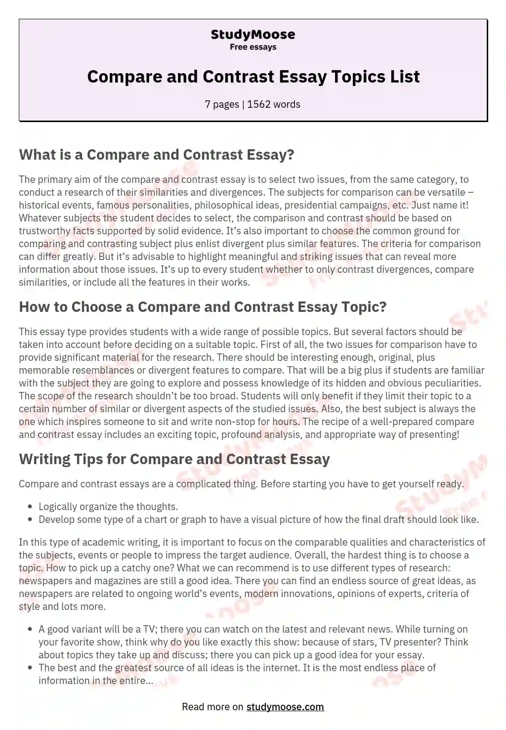 Compare and Contrast Essay Topics List