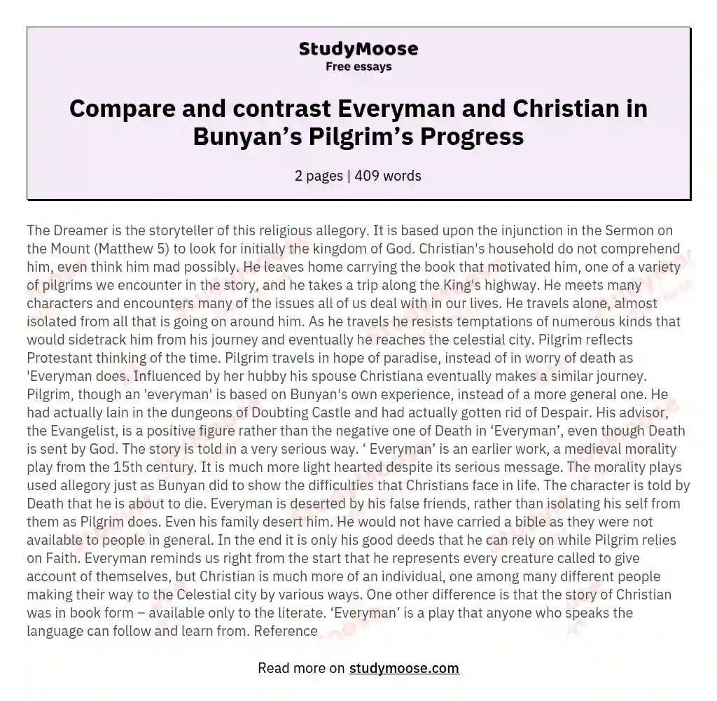 Compare and contrast Everyman and Christian in Bunyan’s Pilgrim’s Progress essay