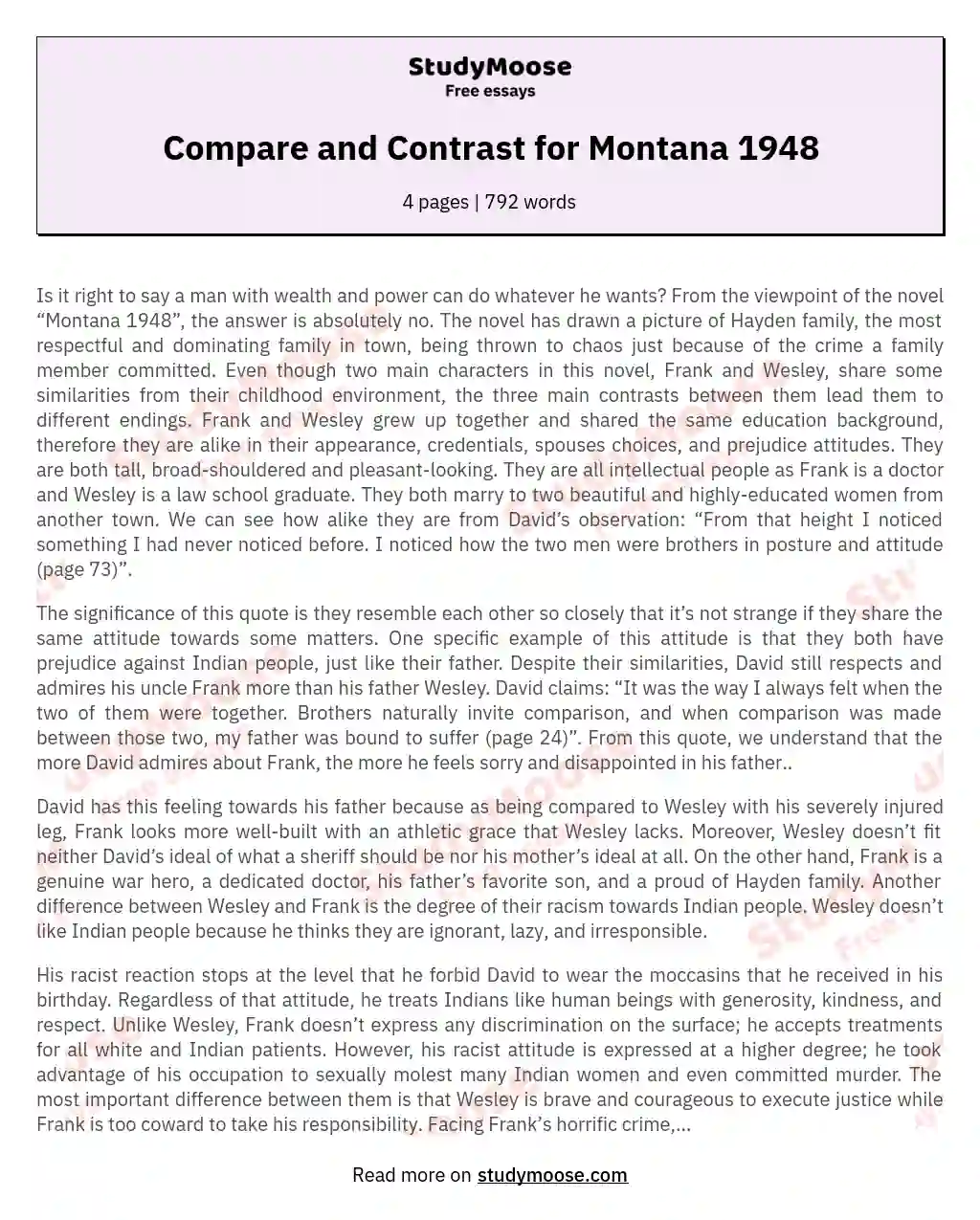 Compare and Contrast for Montana 1948 essay