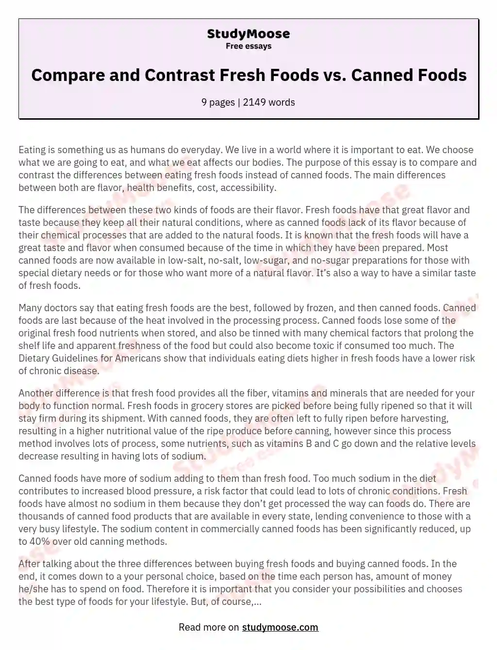 Compare and Contrast Fresh Foods vs. Canned Foods essay