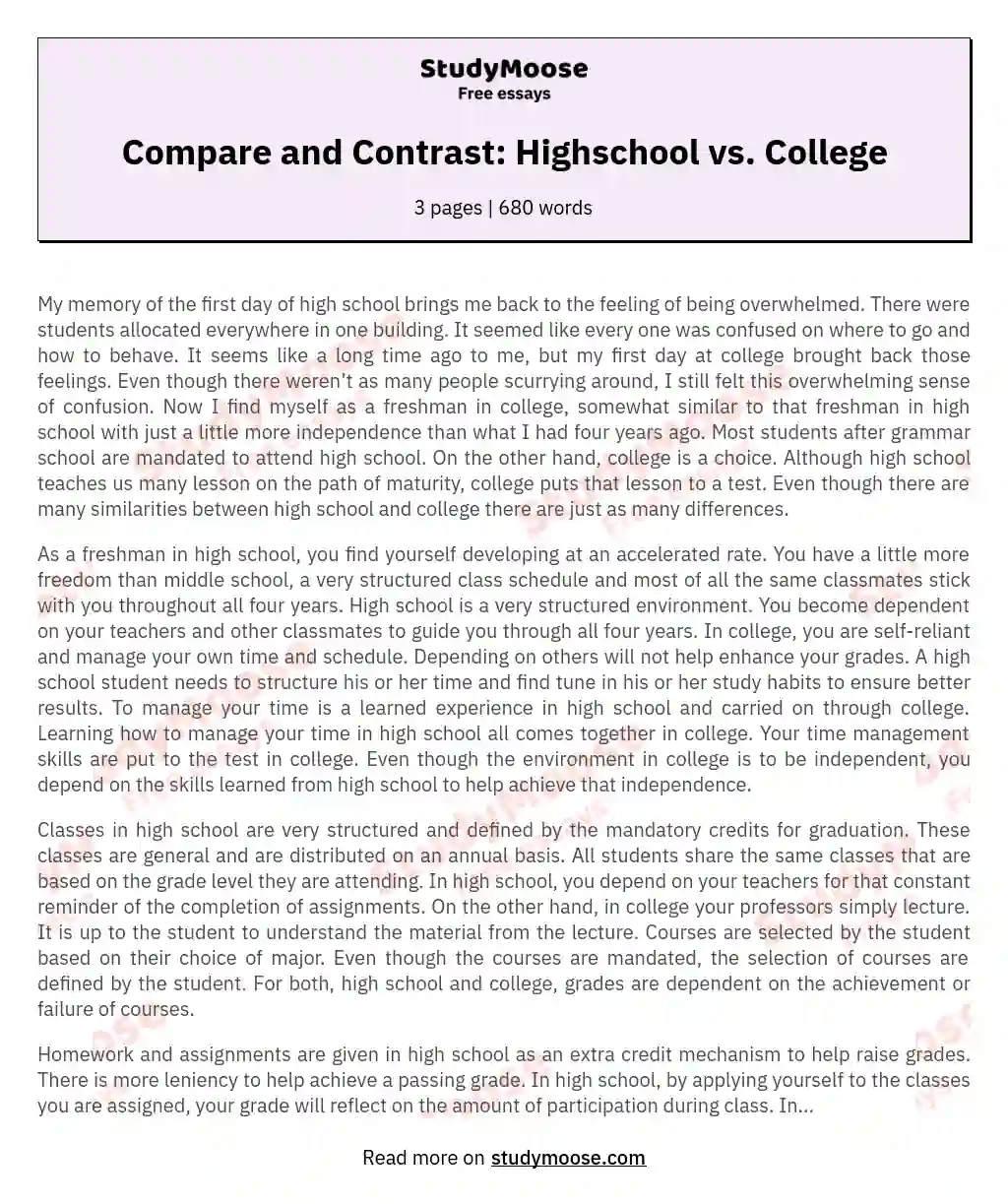 Compare and Contrast: Highschool vs. College essay