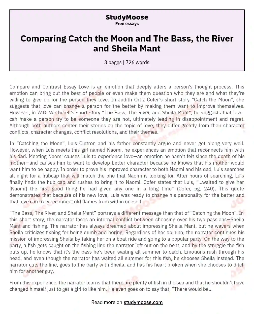 Comparing Catch the Moon and The Bass, the River and Sheila Mant essay