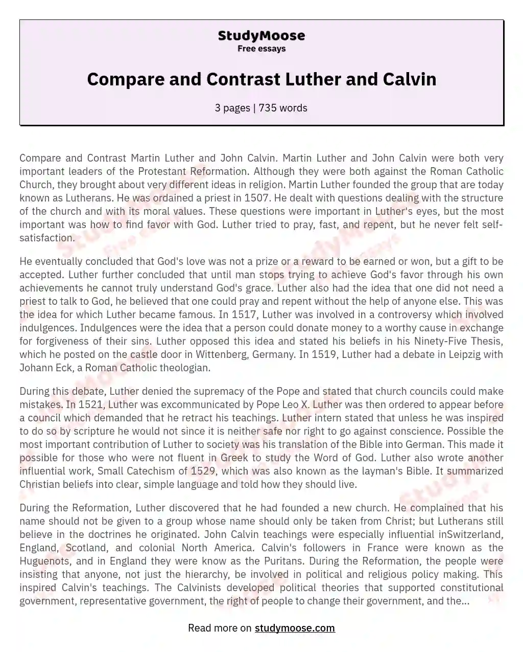 Compare and Contrast Luther and Calvin