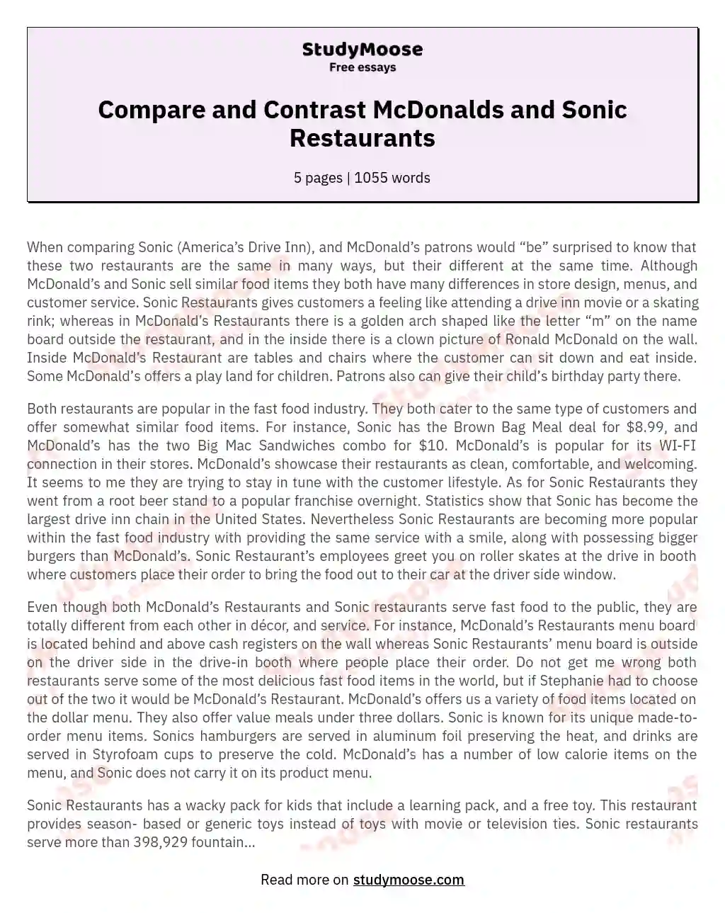 Sonic vs. McDonald's: A Culinary Faceoff essay