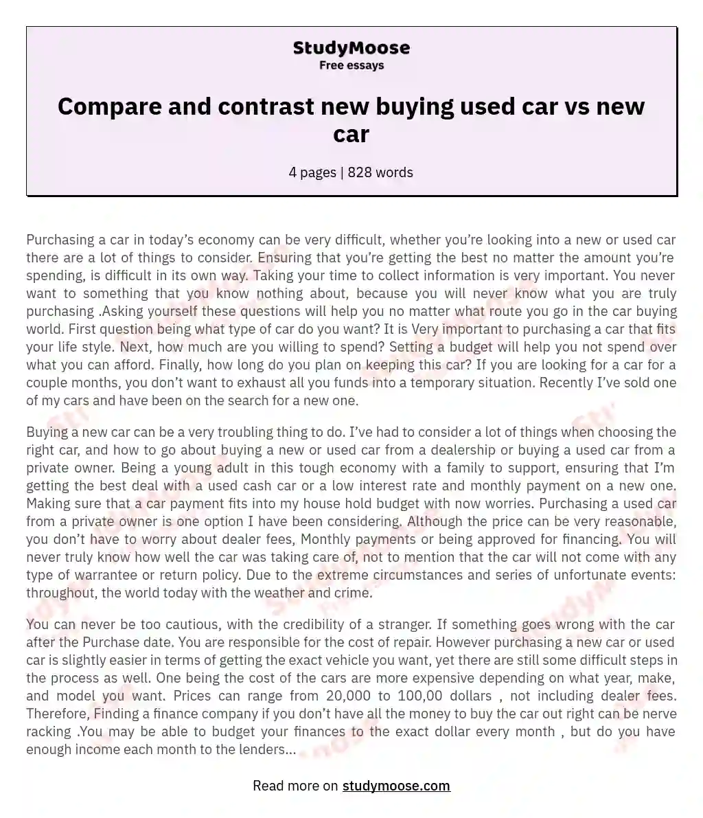 Compare and contrast new buying used car vs new car essay