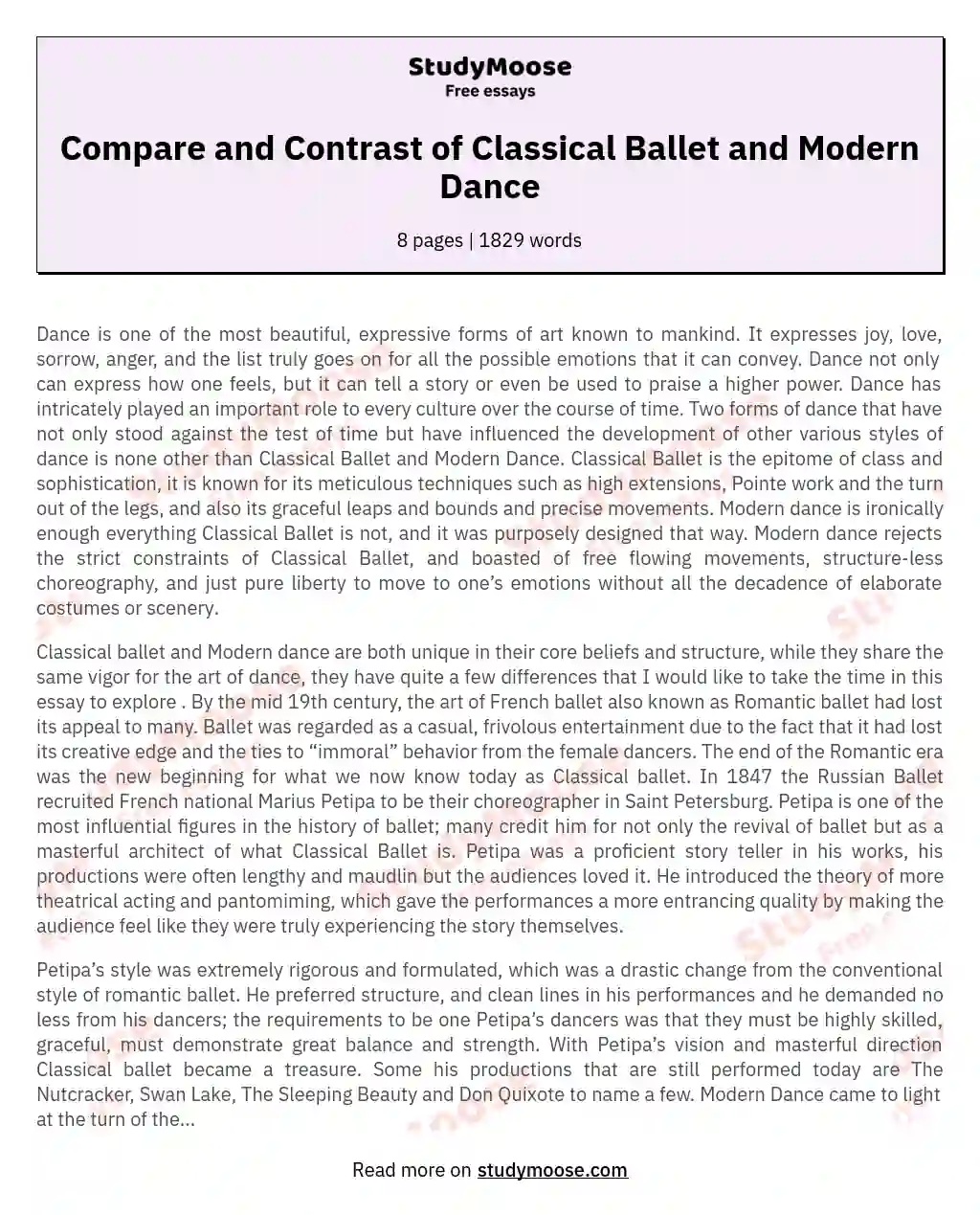 Compare and Contrast of Classical Ballet and Modern Dance essay