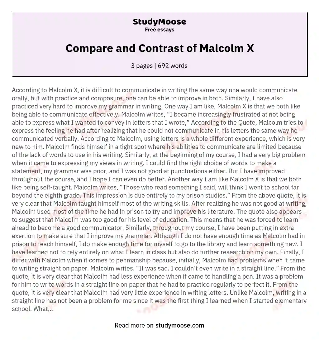 Compare and Contrast of Malcolm X essay