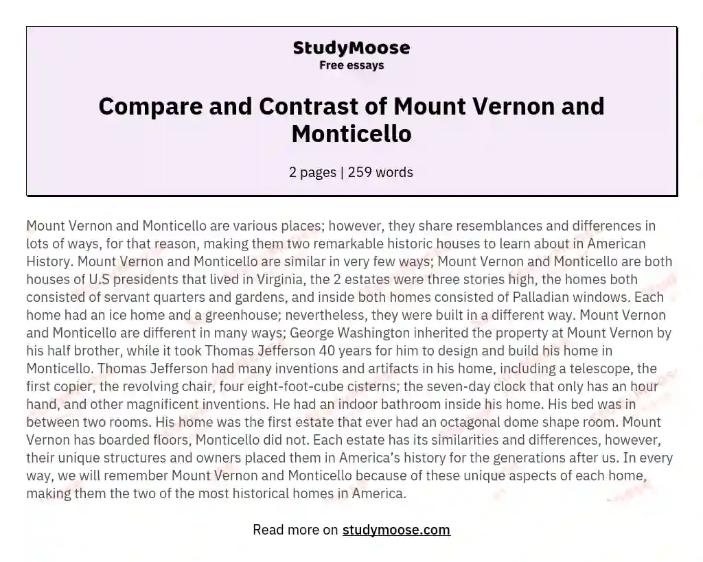Compare and Contrast of Mount Vernon and Monticello