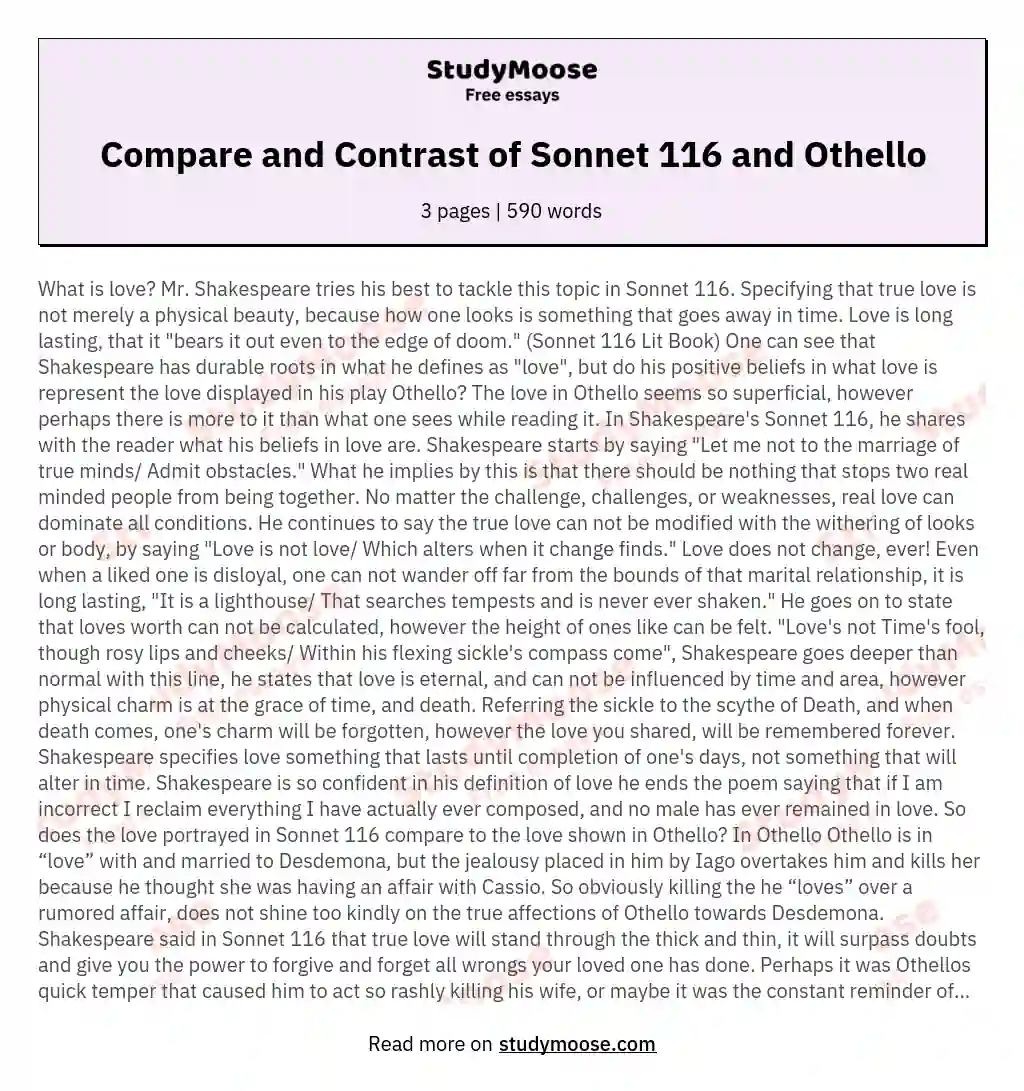 Compare and Contrast of Sonnet 116 and Othello essay