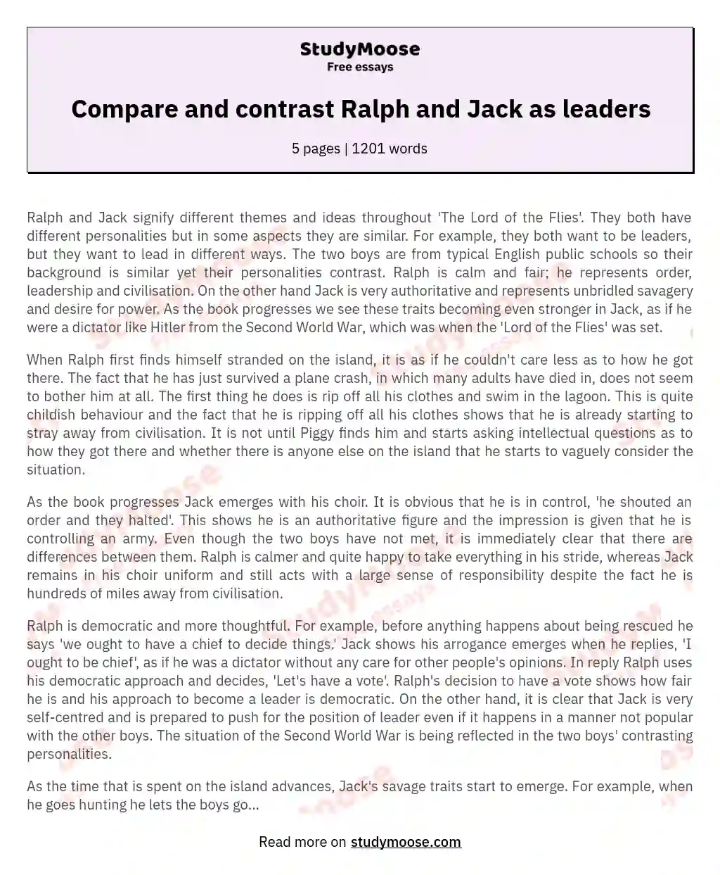 Compare and contrast Ralph and Jack as leaders essay