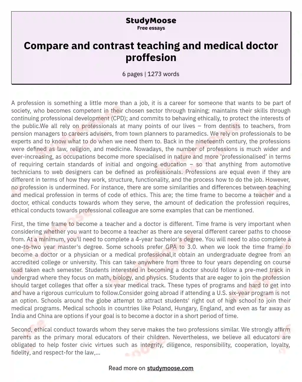 Compare and contrast teaching and medical doctor proffesion essay